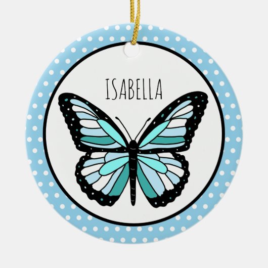 Blue Butterfly Polka Dot Personalisiert Weihnachte Keramik Ornament (Vorne)