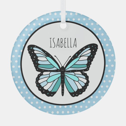 Blue Butterfly Polka Dot Personalisiert Weihnachte Ornament Aus Glas (Vorderseite)