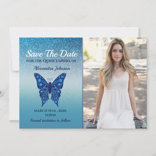 Blue Butterfly Quinceañera Save The Date (Vorderseite)