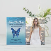 Blue Butterfly Quinceañera Save The Date (Stehend Vorderseite)
