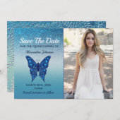 Blue Butterfly Quinceañera Save The Date (Vorne/Hinten)