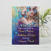 BLUE BUTTERFLY SWEET 16 PARTY MONOGRAM EINLADUNG (Stehend Vorderseite)