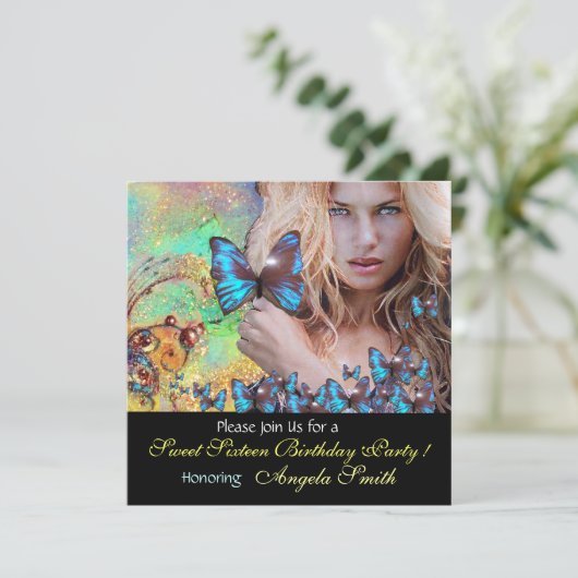 BLUE BUTTERFLY SWEET 16 PARTY MONOGRAM EINLADUNG (Stehend Vorderseite)