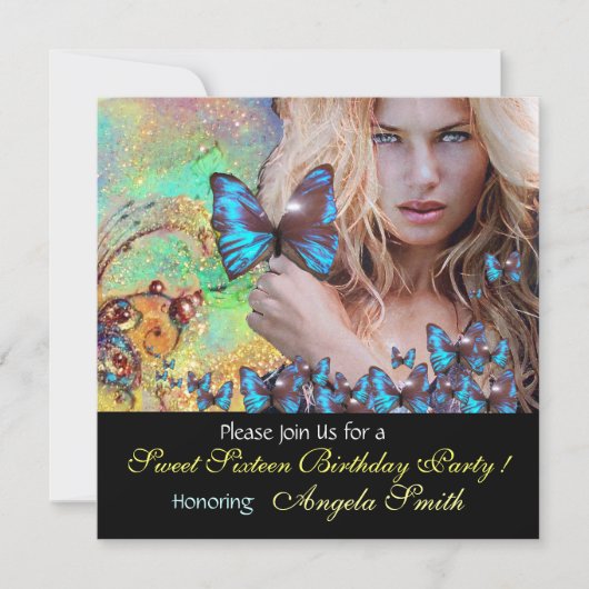 BLUE BUTTERFLY SWEET 16 PARTY MONOGRAM EINLADUNG (Vorderseite)