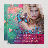 BLUE BUTTERFLY SWEET 16 PARTY MONOGRAM EINLADUNG (Vorne/Hinten)