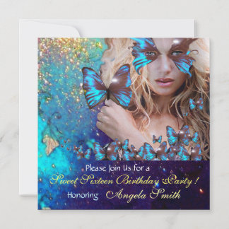 BLUE BUTTERFLY SWEET 16 PARTY MONOGRAM EINLADUNG