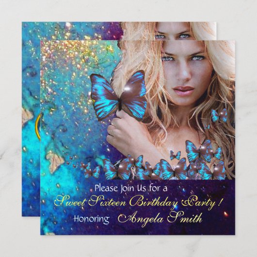BLUE BUTTERFLY SWEET 16 PARTY MONOGRAM EINLADUNG (Vorne/Hinten)