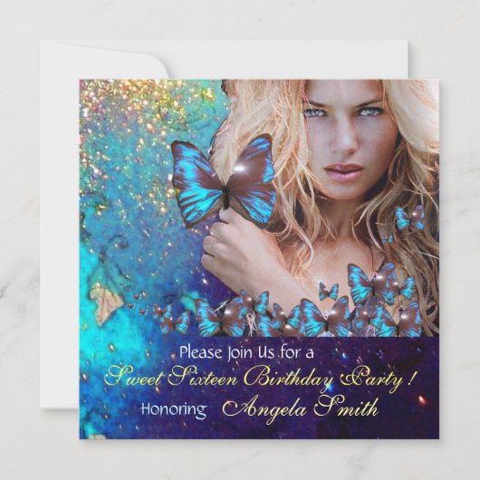 BLUE BUTTERFLY SWEET 16 PARTY MONOGRAM EINLADUNG (Vorderseite)