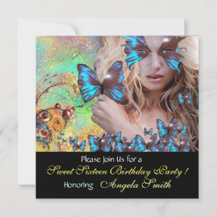 BLUE BUTTERFLY SWEET 16 PARTY MONOGRAM EINLADUNG