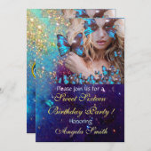 BLUE BUTTERFLY SWEET 16 PARTY MONOGRAMM, GOLD EINLADUNG (Vorne/Hinten)