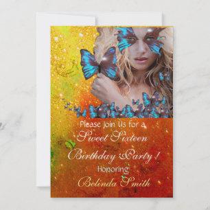BLUE BUTTERFLY SWEET 16 PARTY MONOGRAMM, GOLD EINLADUNG