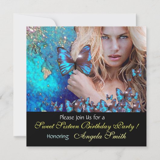 BLUE BUTTERFLY SWEET 16 PARTY MONOGRAMM, GOLD EINLADUNG (Vorderseite)