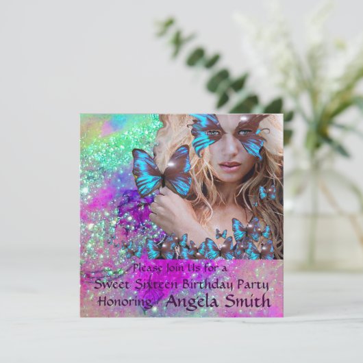 BLUE BUTTERFLY SWEET 16 PARTY MONOGRAMM, GOLD EINLADUNG (Stehend Vorderseite)