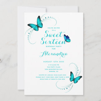 Blue Butterfly Sweet 16 Sechzehn Geburtstag Einladung