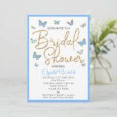 Blue Butterfly und Gold Glitzer Brautparty Einladung (Stehend Vorderseite)