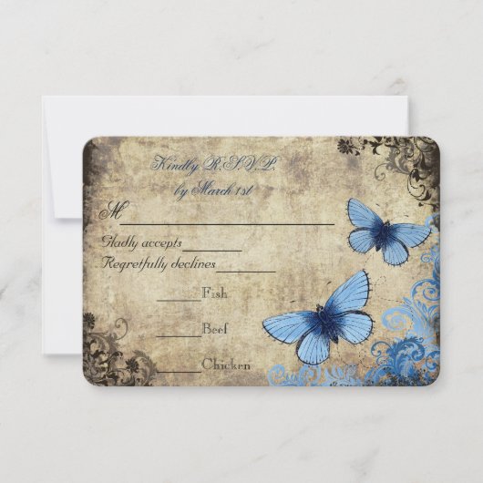 Blue Butterfly Vintage Wedding UAWG RSVP Karte (Vorderseite)