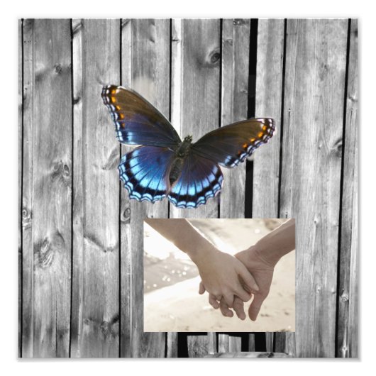 BLue Butterfly Wedding Grey Barn Wood Fotodruck (Vorne)