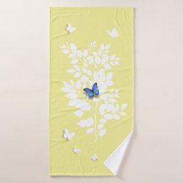 Blue Butterfly white leafy branch Badehandtuch