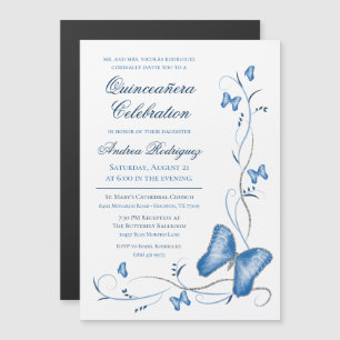 Blue Butterfly & Wirbel Quinceañera Magneteinladung