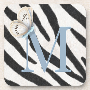 Blue Butterfly & Zebra Fur Blue Monogram Custom Getränkeuntersetzer