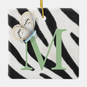 Blue Butterfly & Zebra Fur Green Monogram Custom Keramikornament
