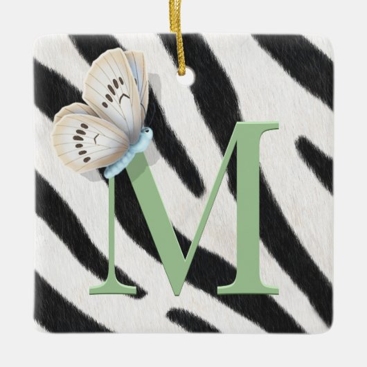 Blue Butterfly & Zebra Fur Green Monogram Custom Keramikornament (Vorderseite)