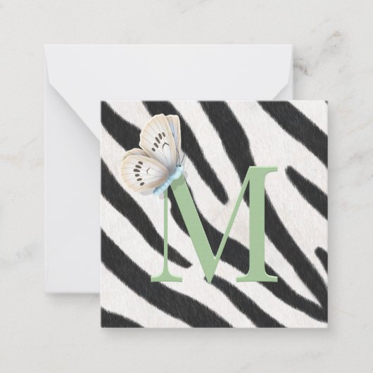Blue Butterfly & Zebra Fur Green Monogram Custom Mitteilungskarte (Vorderseite)