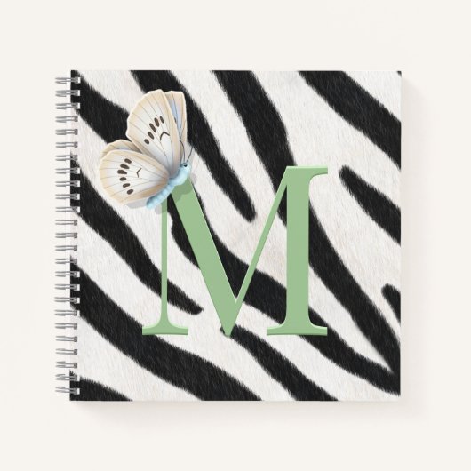 Blue Butterfly & Zebra Fur Green Monogram Custom Notizblock (Vorderseite)