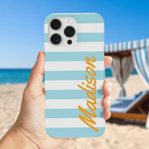 Blue Cabana Stripes Retro Monogramm iPhone 16 Pro Max Hülle