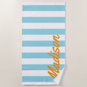 Blue Cabana Stripes Retro Monogramm Strandtuch (Vorderseite)