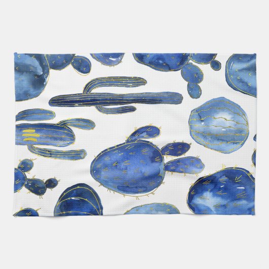 Blue Cactus Art Desert Chic Gold INITIAL Fun Geschirrtuch (Horizontal)
