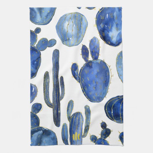 Blue Cactus Art Desert Chic Gold INITIAL Fun Geschirrtuch (Vertikal)