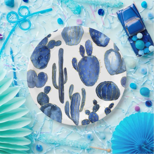 Blue Cactus Desert Art Gold Reise Südwestspanien Pappteller (Party)