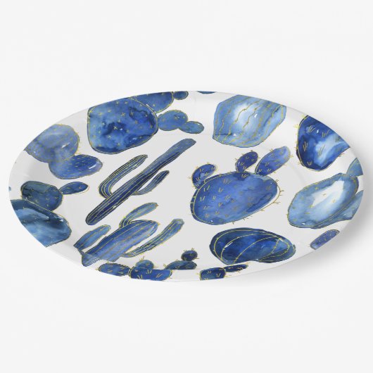 Blue Cactus Desert Art Gold Reise Südwestspanien Pappteller (Schrägansicht)