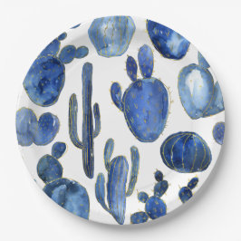 Blue Cactus Desert Art Gold Reise Südwestspanien Pappteller