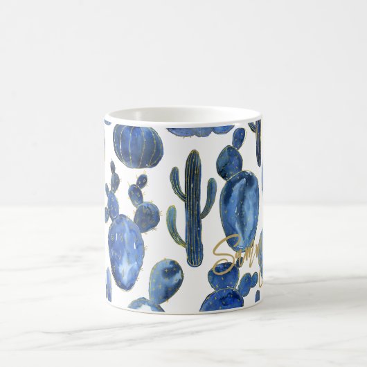 Blue Cactus Gold NAME Moderne schicke Wüste Kaffeetasse (Mittel)