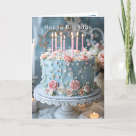 Blue Cake Pink Roses und Candles Happy Birthday Karte