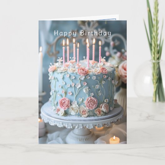 Blue Cake Pink Roses und Candles Happy Birthday Karte (Vorderseite)
