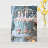 Blue Cake Pink Roses und Candles Happy Birthday Karte (Gelbe Blume)
