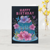 Blue Cake with Pink Hibiscus Birthday Greeting Car Karte (Gelbe Blume)