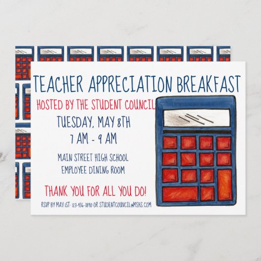 Blue Calculator School Math Teacher Bewertung Einladung (Vorne/Hinten)