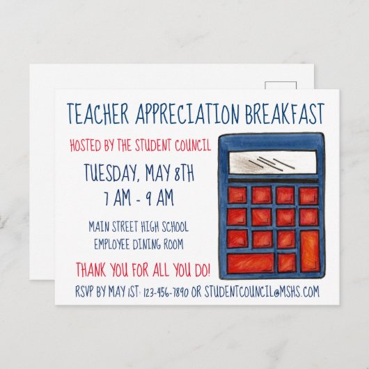 Blue Calculator School Math Teacher Bewertung Einladungspostkarte (Vorne/Hinten)