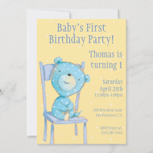 Blue Calico Bear Birthday Einladung (Vorderseite)