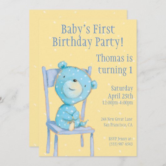 Blue Calico Bear Birthday Einladung (Vorne/Hinten)