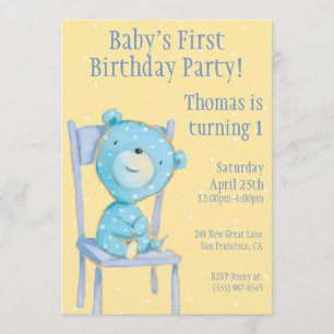 Blue Calico Bear Birthday Einladung