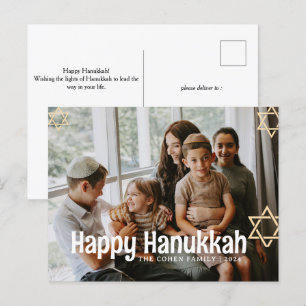 Blue Calligraphy Happy Hanukkah Familie ein Foto Feiertagspostkarte