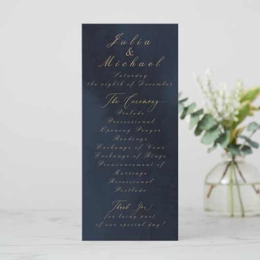 Blue Calligraphy Wedding Program Card Programm (Stehend Vorderseite)