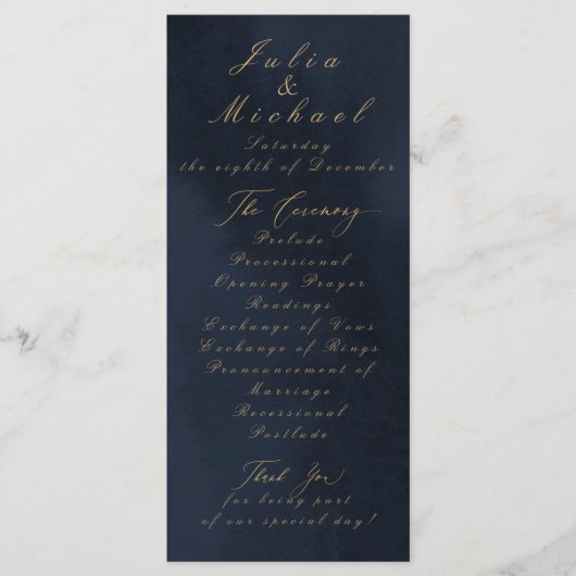 Blue Calligraphy Wedding Program Card Programm (Vorderseite)