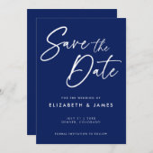Blue Calligraphy Wedding Save the Date Einladung (Vorne/Hinten)