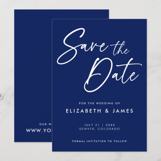 Blue Calligraphy Wedding Save the Date Einladung (Vorne/Hinten)